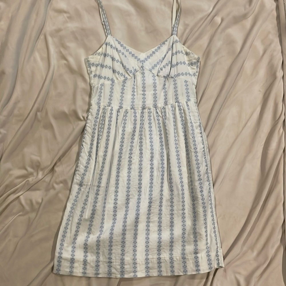 Size 4, JCrew, spaghetti strap, white linen dress with light blue flower stripes